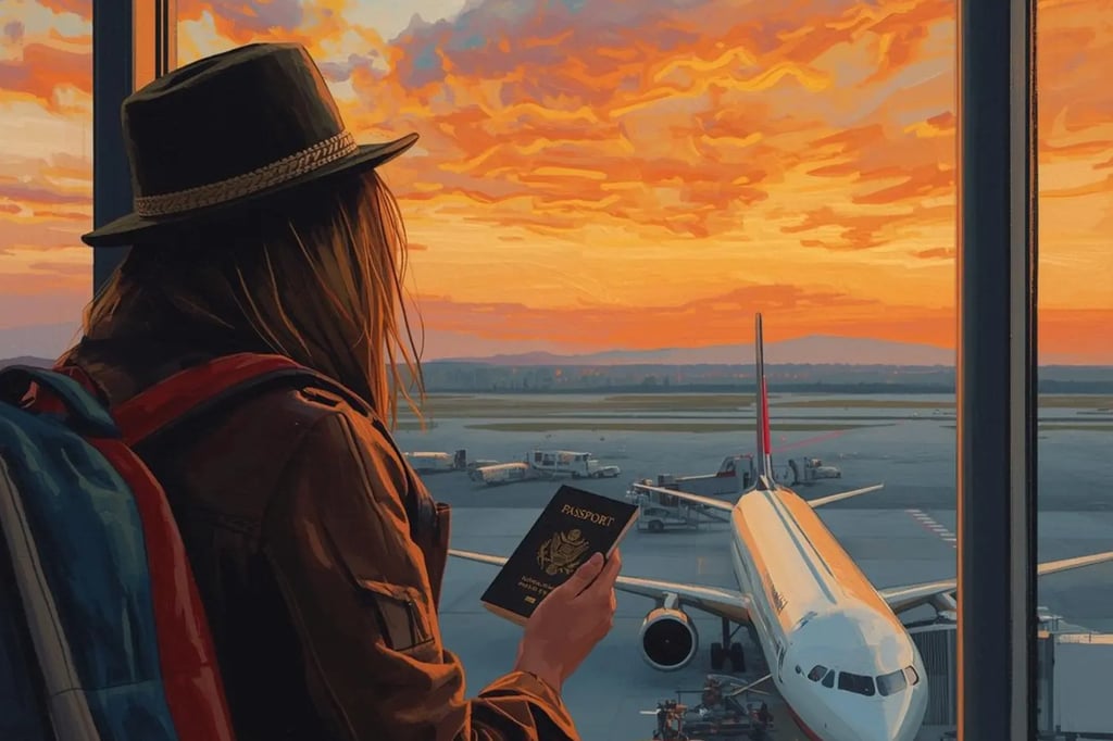 Female traveler with hat and backpack holding passport while watching airplane at airport