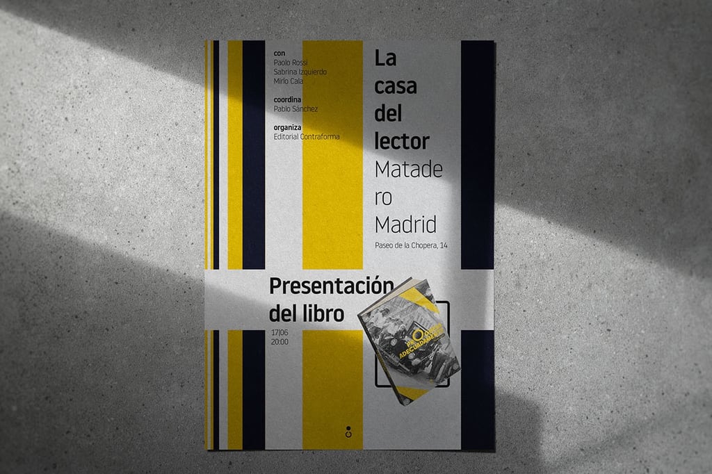Material promocional diseñado por EDITORIAL CONTRAFORMA para la presentación de un libro