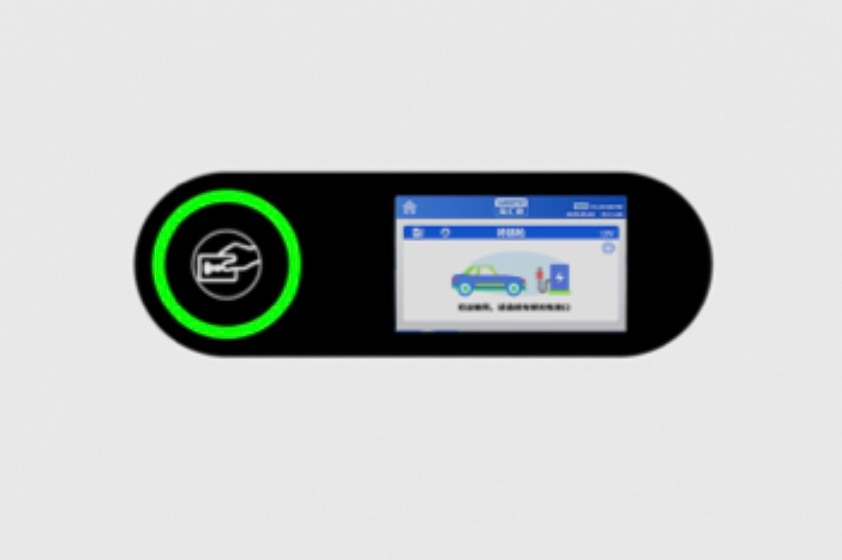 EV charging station interface with LED light, RFID scanner, and digital display screen.
