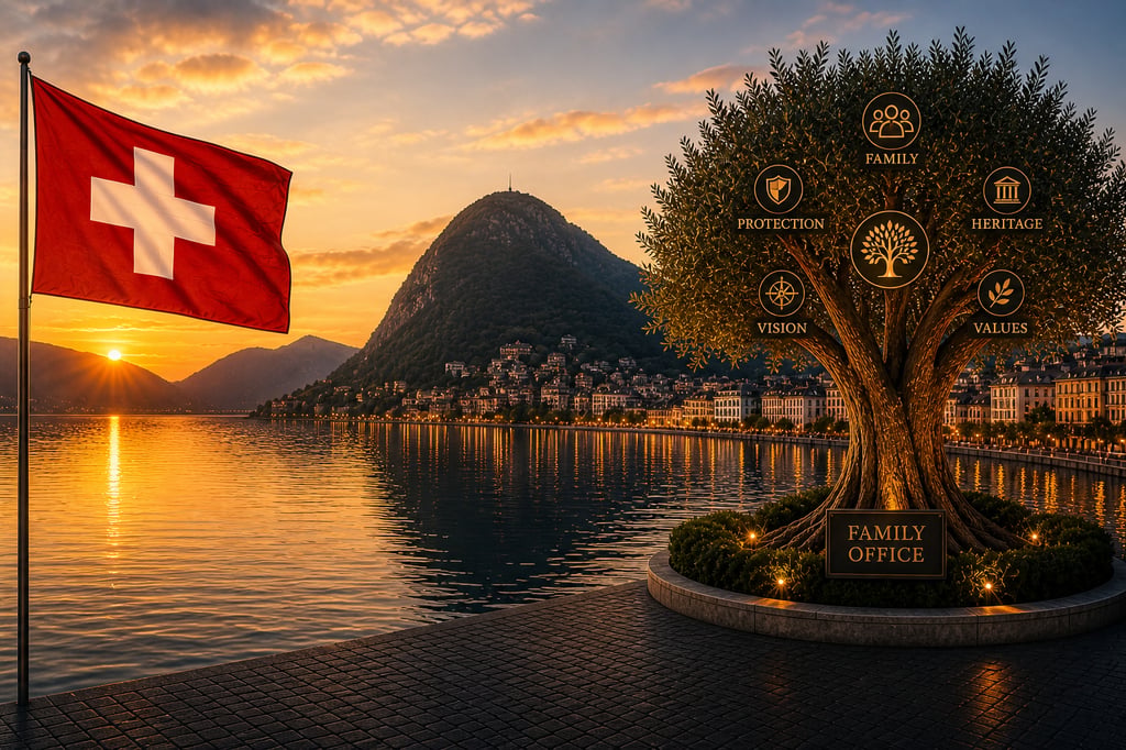 Swiss family office wealth management concept featuring a Switzerland flag and olive tree at sunset in Lugano.