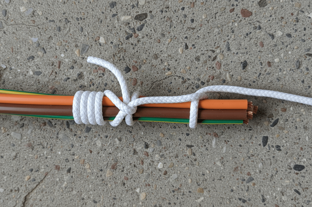 Schwäbisch Hitch and Half Hitch finish for pulling high voltage electrical wires.