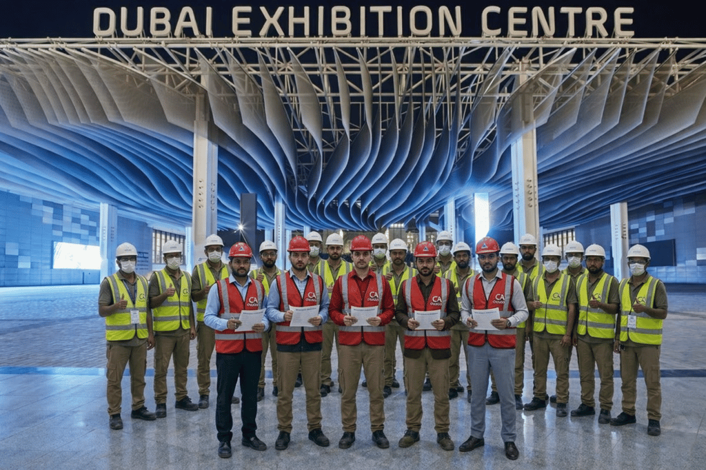 Construction workers in safety gear at the Dubai Exhibition Centre entrance for an event.