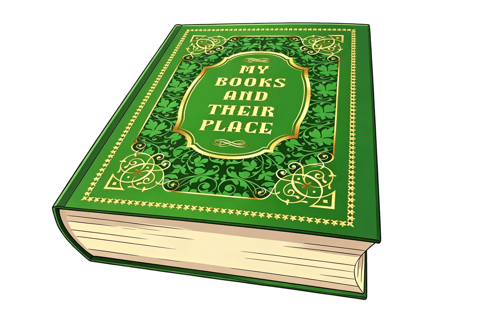 Vintage green hardcover book with ornate gold filigree and leaf patterns on a black background.