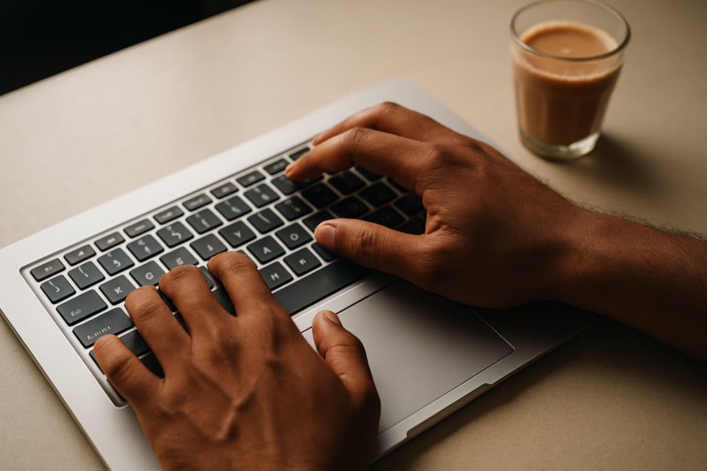 Close overhead shot of South Asian hands typing on a laptop keyboard on a clean desk, a glass of chai just out of focus in the upper right corner, warm natural window light from the left, fingers mid-keystroke