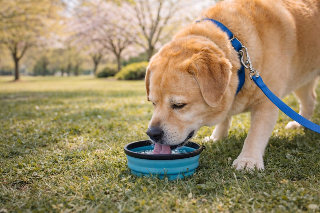 Dog drinking water during warm weather walk.