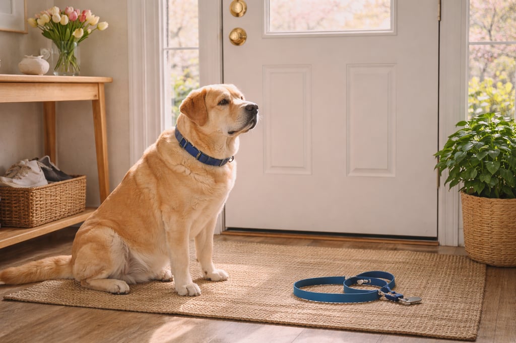 Dog waiting calmly for a walk at home.