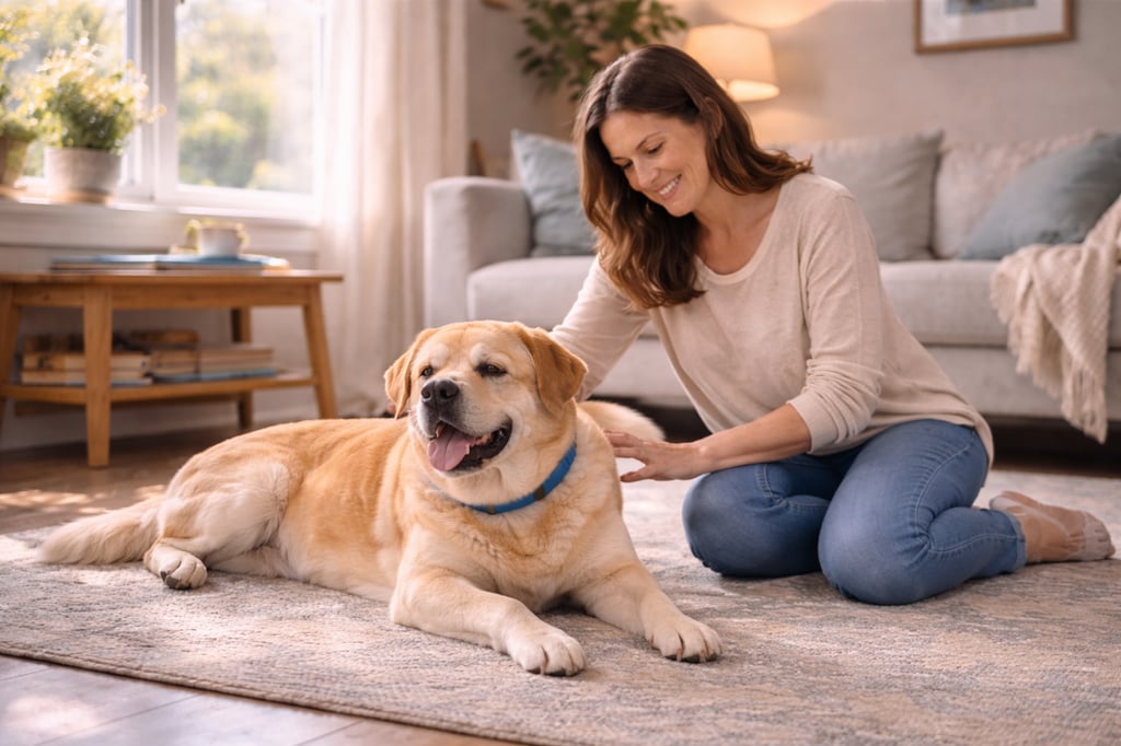 Pet sitter visiting dog at home.