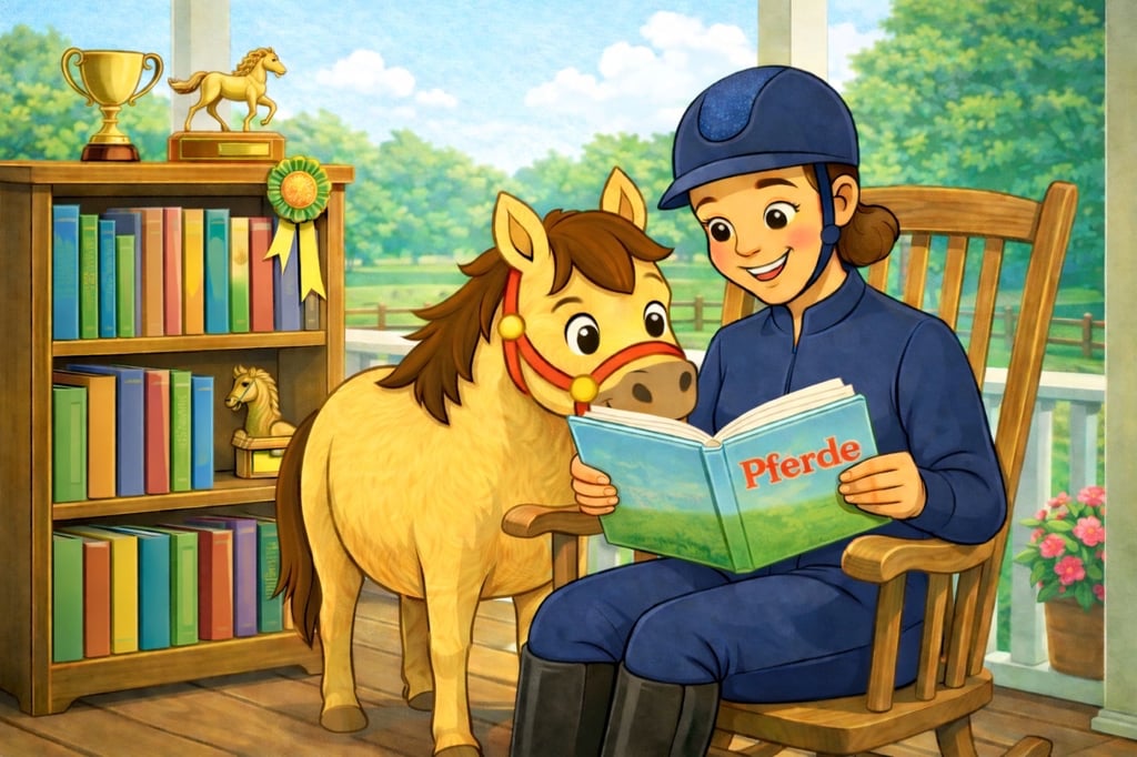 Cartoon Illustration Pancake und Ponytante schauen Pferdebücher an