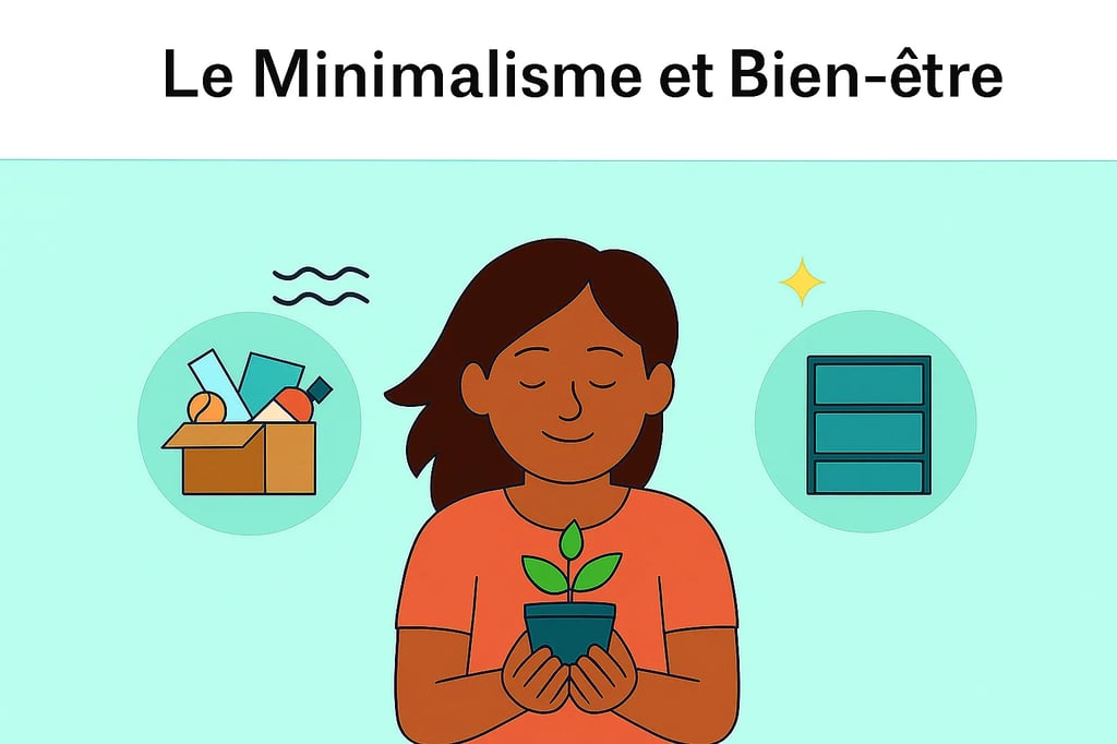 Femme apaisée tenant une plante, symbolisant le lien entre minimalisme et bien-être, recherchesante.com