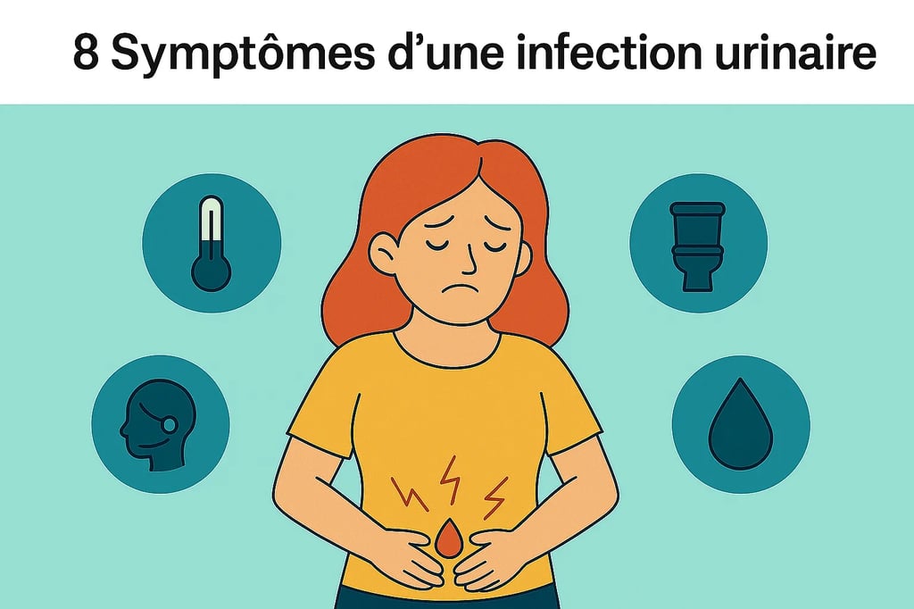 Femme avec douleur au bas-ventre entourée d’icônes illustrant les symptômes d’une infection urinaire, recherchesante.com
