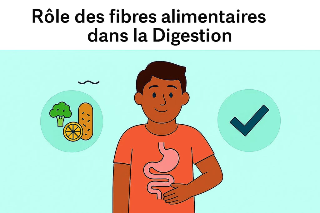 Homme souriant avec un estomac dessiné sur son t-shirt, illustrant le rôle des fibres alimentaires dans la digestion, recherc