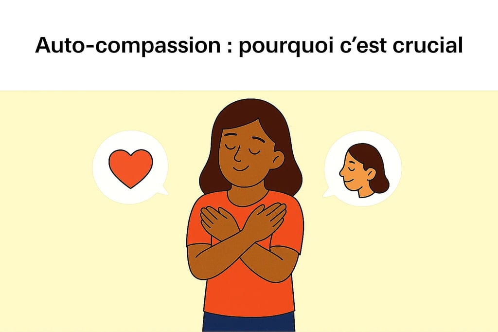 Illustration d'une personne pratiquant l'auto-compassion, symbolisant l'amour de soi et la sérénité.