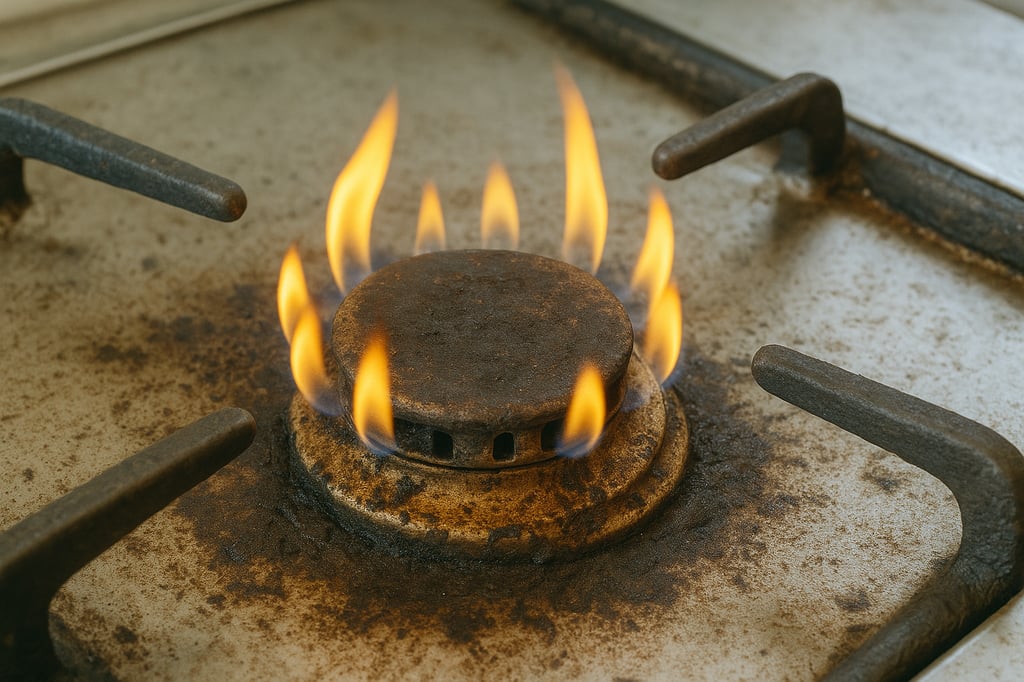 Close-up of dirty gas burner with yellow flame on bright greasy stovetop – gas burner repair Ottawa