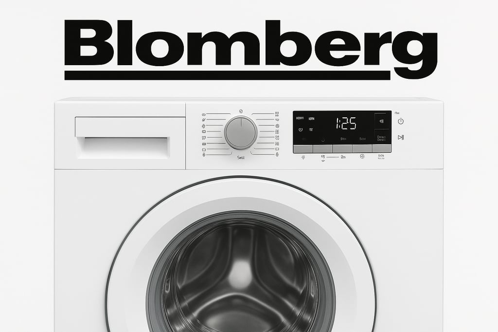 Blomberg logo above a front-loading Blomberg washing machine with a digital display, cycle selector 