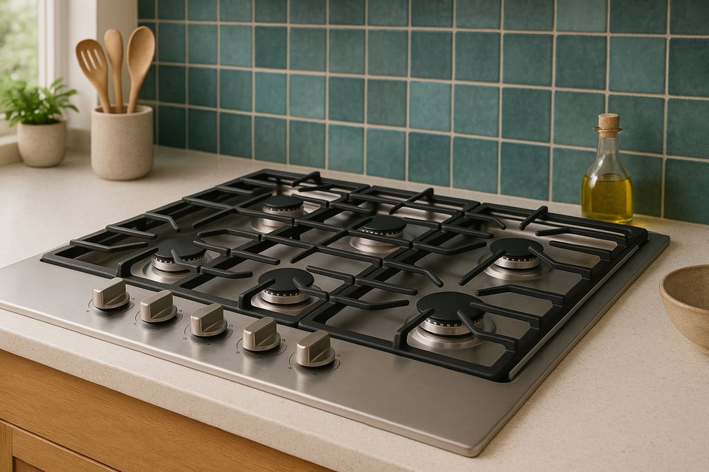 Six-burner gas cooktop in a modern kitchen with teal tile backsplash and wood cabinets.