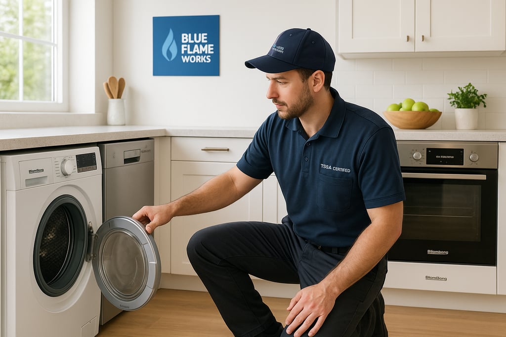 TSSA-certified Blue Flame Works technician inspecting a Blomberg front-load washer in Ottawa