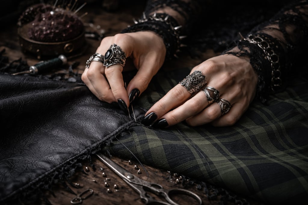 Manos de persona alterativa cosiendo dos pedazos de tela