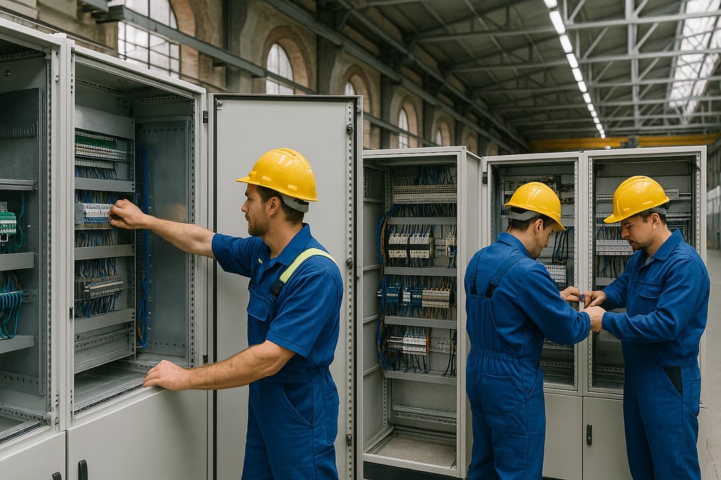Drei Elektriker installieren Schalttafeln in einer Industriehalle in Bayern – Beispiel für erfolgrei