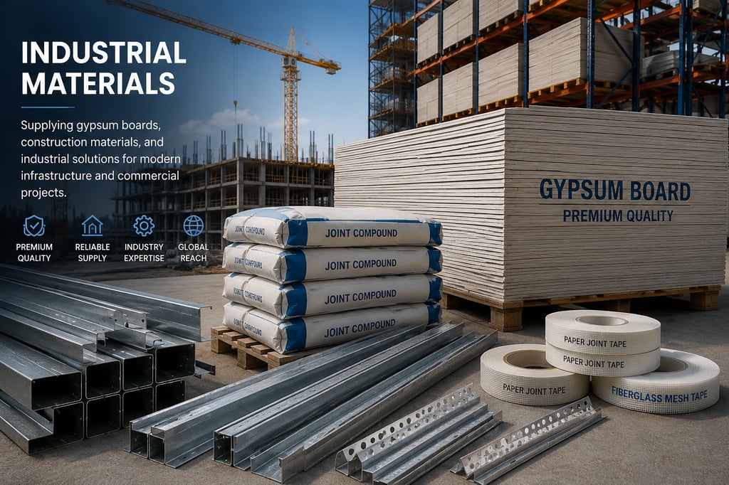 Industrial construction materials including gypsum boards, aggregates, artificial sand, and TMT stee