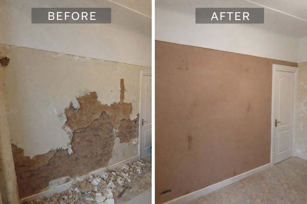 Before and after plastering of living room walls in Wirra