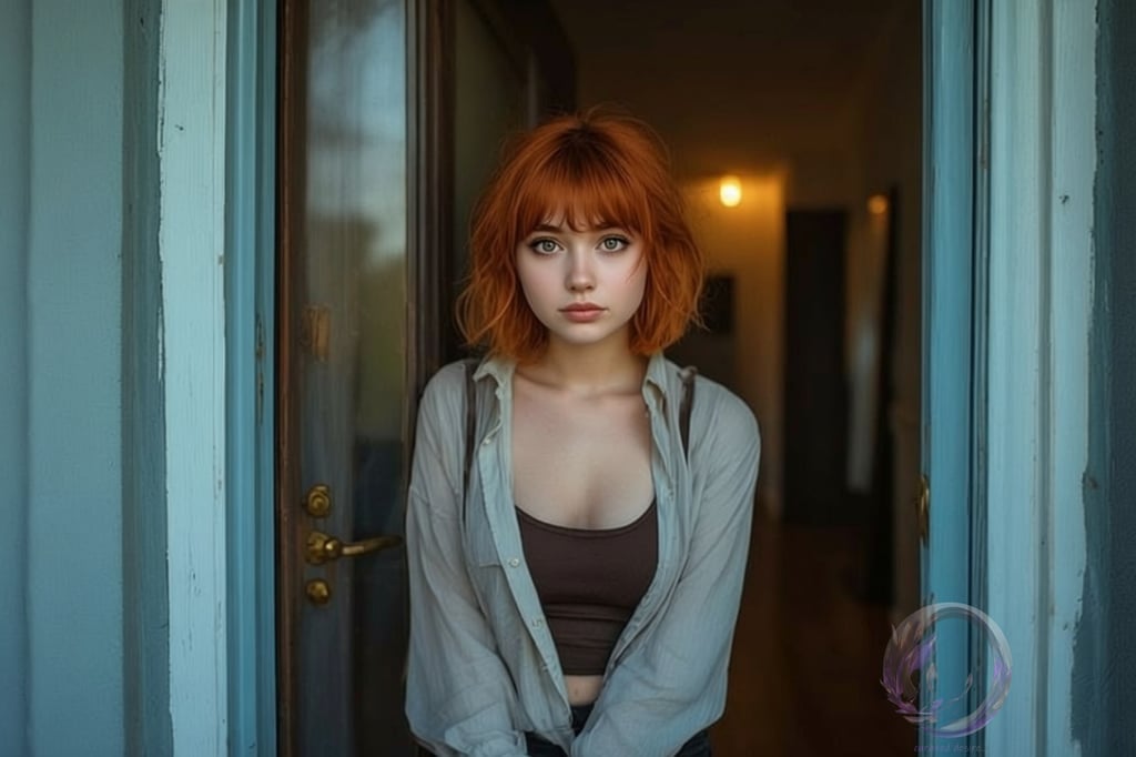 ritratto generato con IA del personaggio di fantasia Claudie di Ophelio, che aspetta sulla porta