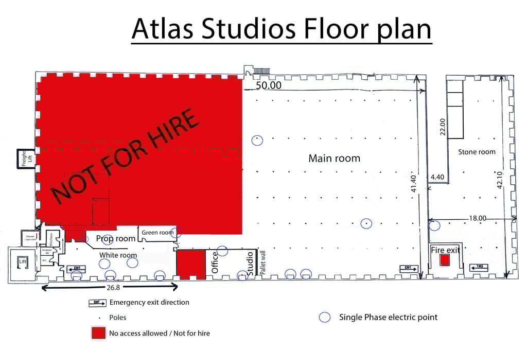The floor plan of Atlas Studios including plug locations