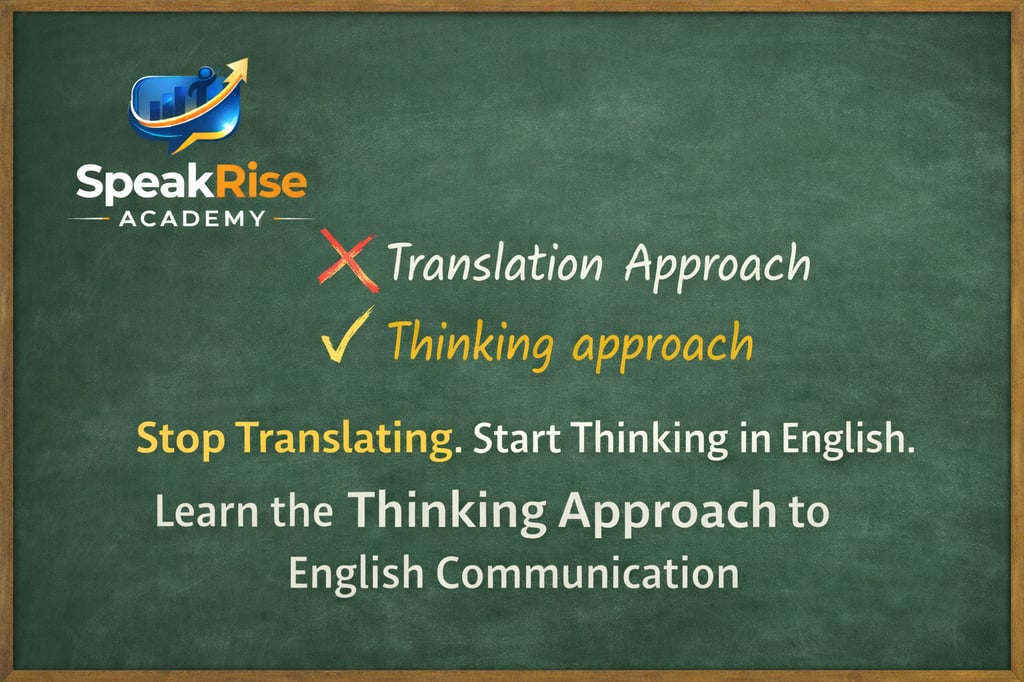 "SpeakRise Academy message promoting thinking in English instead of translation for better Engli