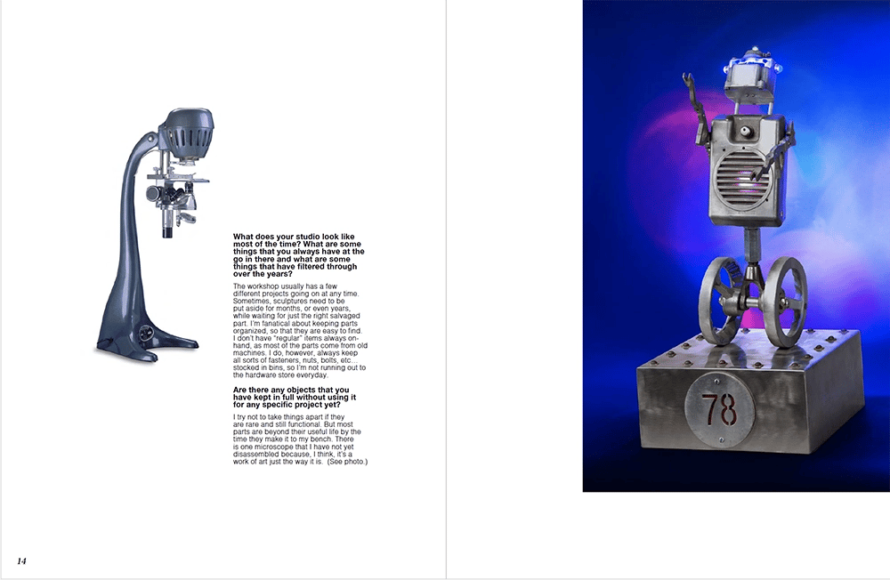 Flesh & Bone magazine article on artist Tal Avitzur, pages 14-15.