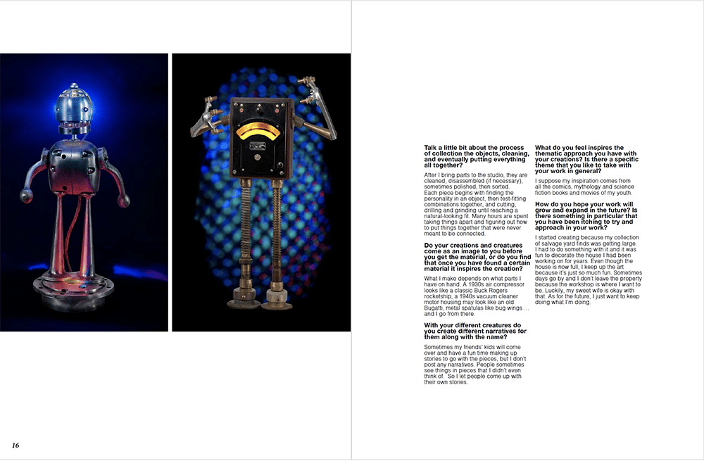 Flesh & Bone magazine article on artist Tal Avitzur, pages 16-17.
