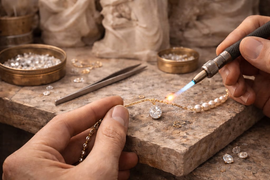 Joyero usando un soplete para soldar un colgante de oro con diamante, perlas y herramientas