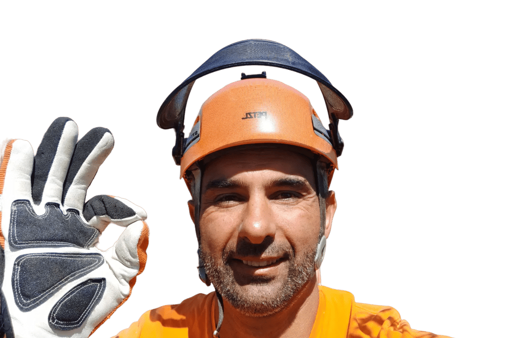 élagueur portant un casque faisant le signe OK