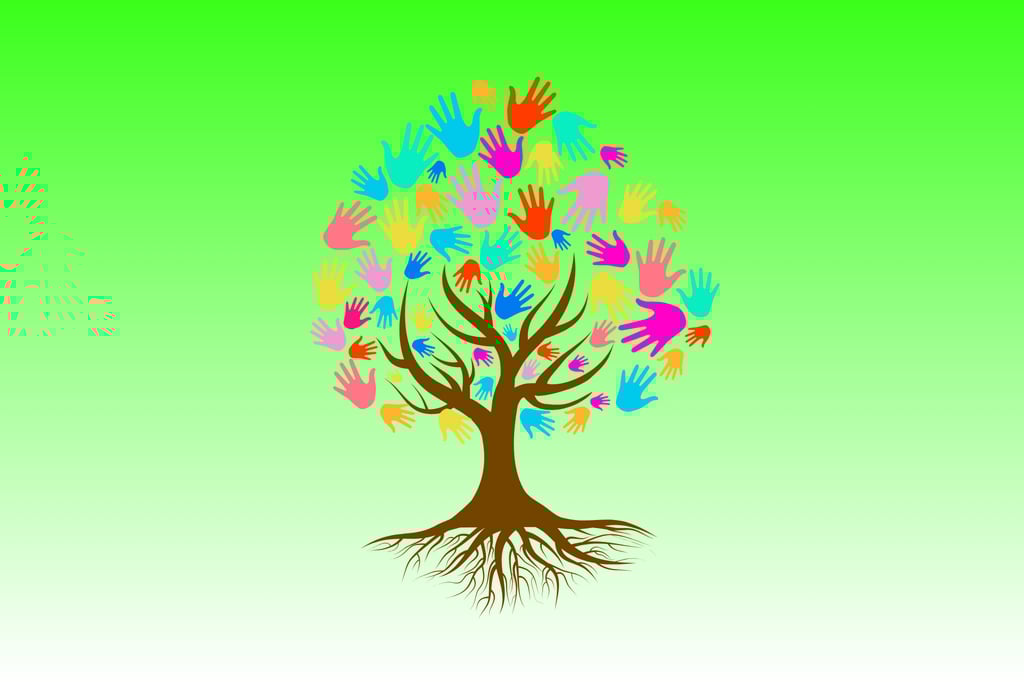Uma árvore simbólica feita de mãos humanas, enraizada em solo fértil representando os Voluntariados