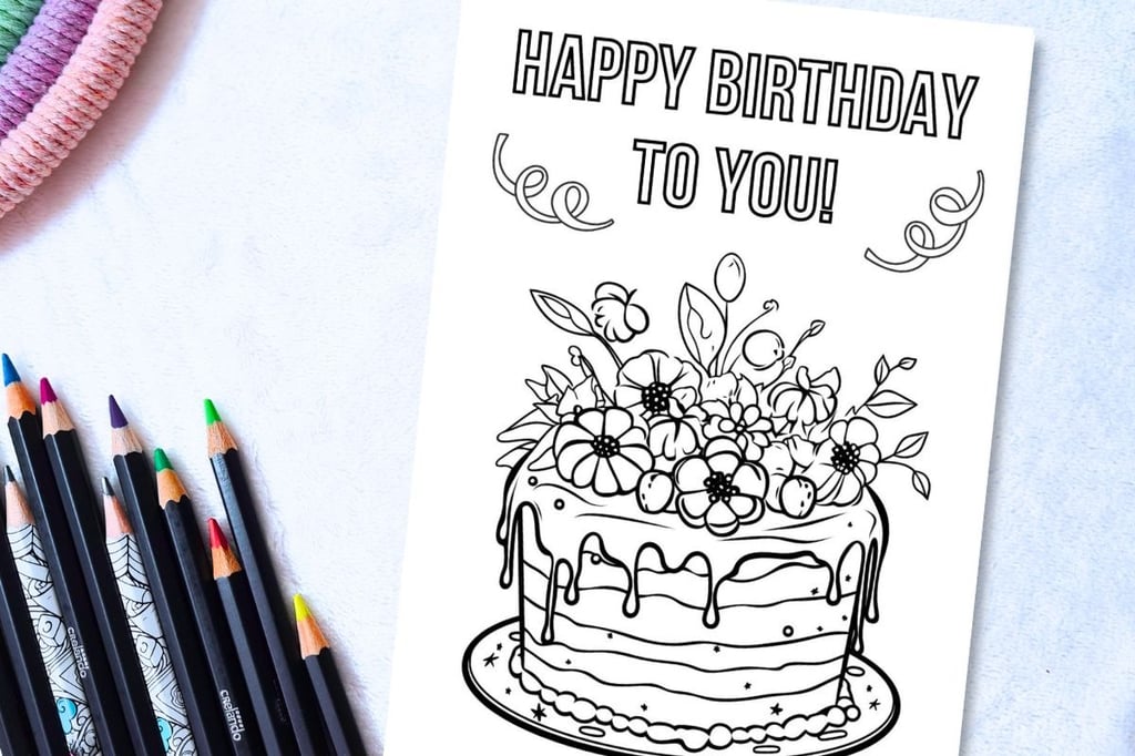Printable Coloring Birthday Card with a Cake