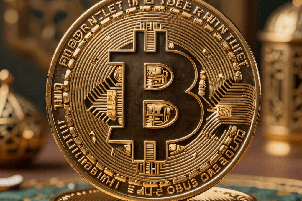 A modern office desk with a laptop displaying cryptocurrency charts and a notepad with financial notes.
