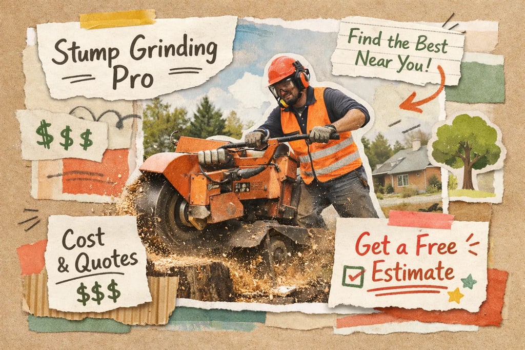 Arborist grinding a stump in a lawn — stump grinding costs and quotes.