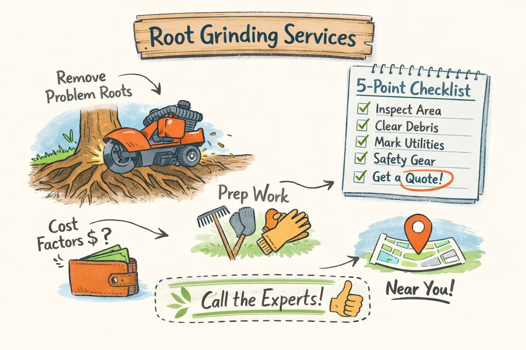 Arborist operating a grinder removing roots from a backyard stump.