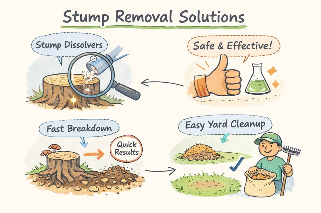 Close‑up of a treated tree stump with potassium nitrate crystals in drilled holes and safety gloves nearby.