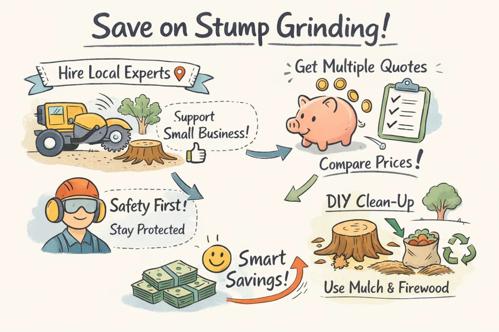 Stump grinder in action removing a tree stump with wood chips flying on a residential lawn.