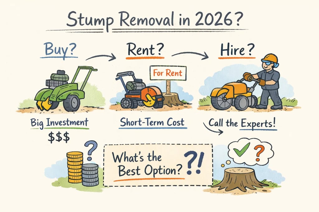 Crew using commercial stump‑removal equipment to compare buying, renting, or hiring for safe, efficient stump grinding.