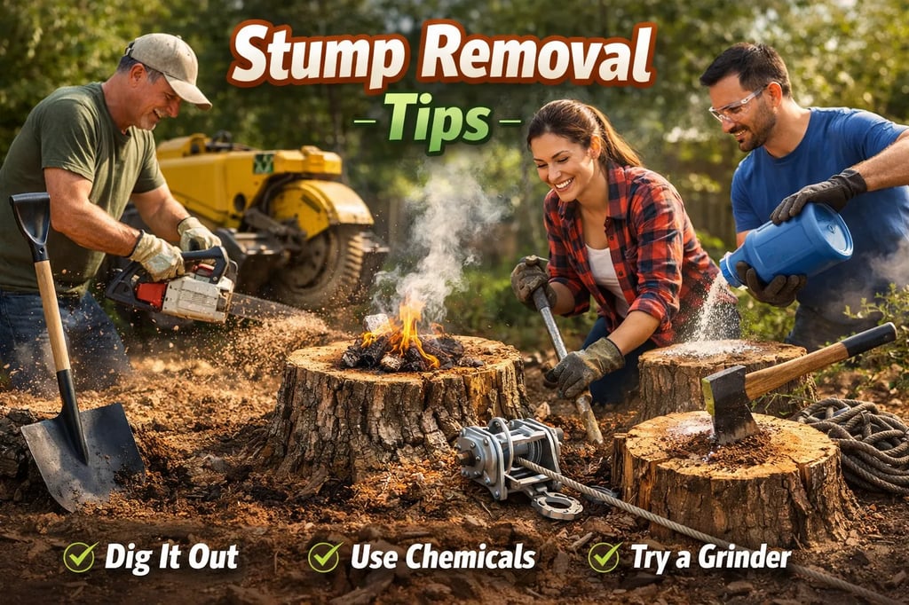 Crew removing a tree stump using safe, practical methods to show the best options for homeowners.