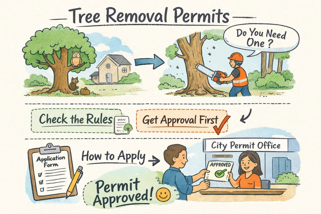 Crew reviewing permit requirements while safely removing a tree, highlighting when permits are needed and how to apply.