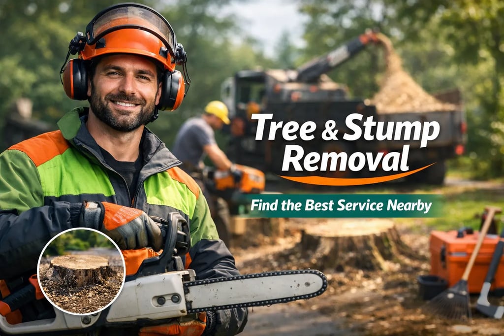 Certified arborist with stump grinder in residential yard — tree and stump removal