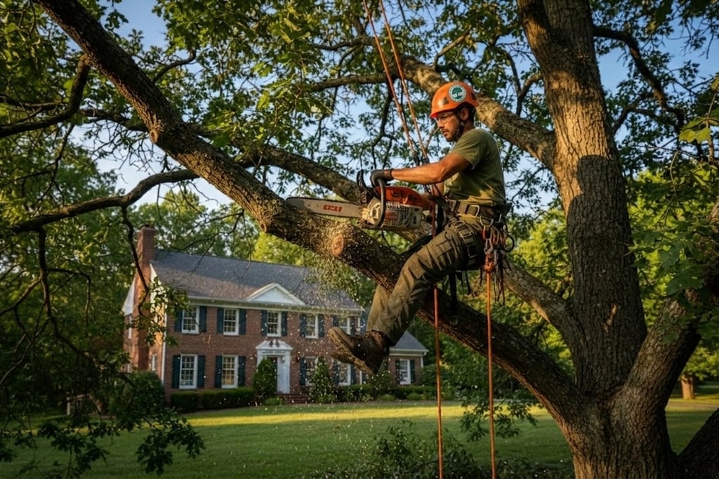 Expert arborist trimming trees in Northern Virginia with safe structural pruning and storm‑damage tree care.
