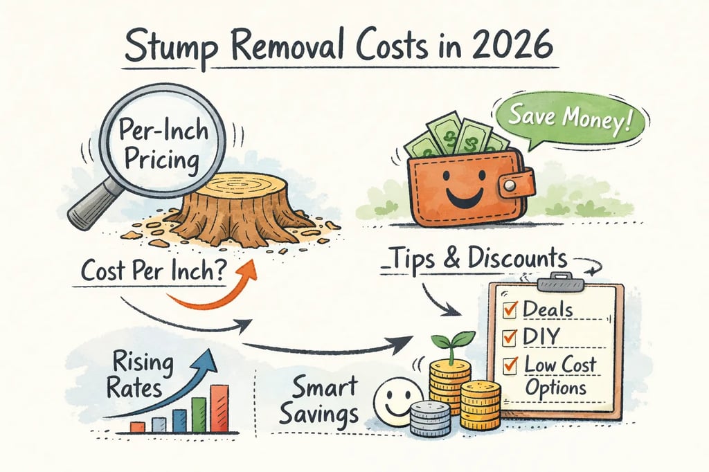 Stump grinder next to freshly ground stump â 2026 perâinch pricing and savings.