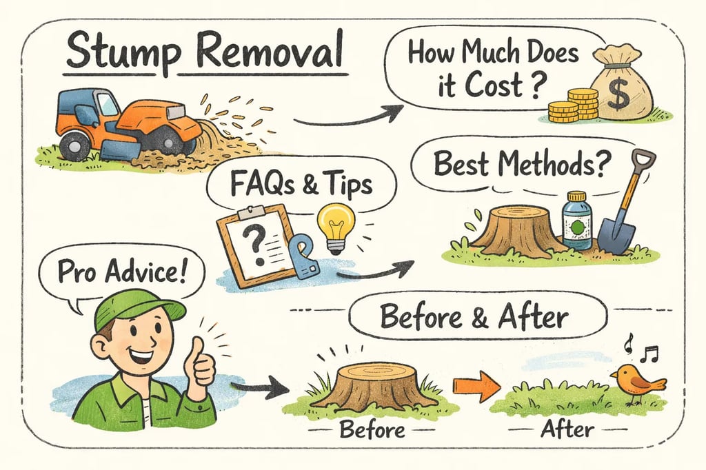 Guilmer Tree Service operating a stump grinder next to a freshly ground stump, illustrating costs and pro tips.
