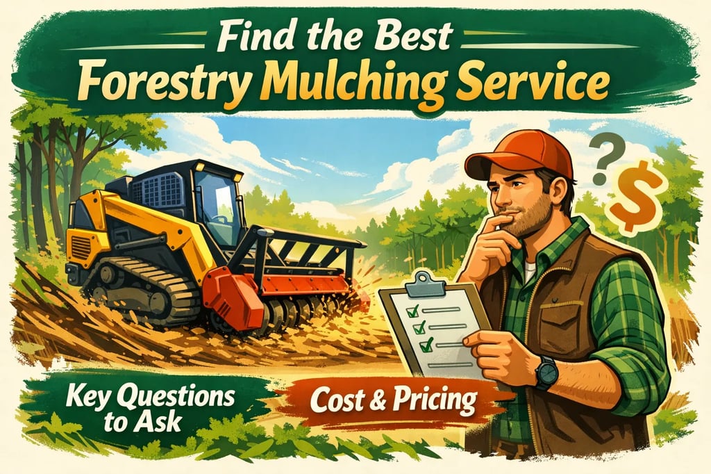 Forestry mulcher clearing brush on a wooded lot, showing equipment and cleared path.