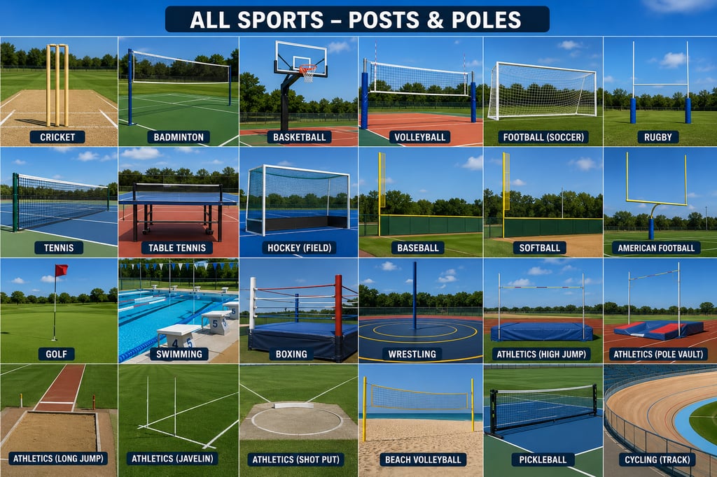 A comprehensive infographic showing various sports equipment including posts, poles, and nets for cricket, basketball, and