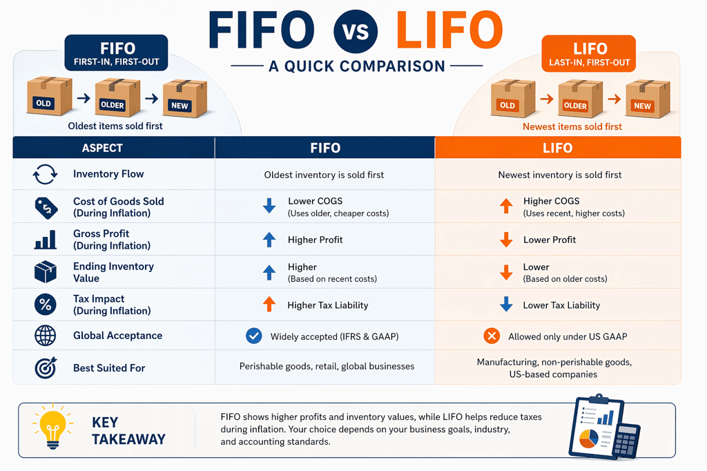 FIFO vs LIFO comparison table showing all aspects