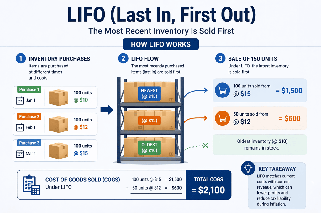 LIFO (Last In First Out) inventory method example showing how newest stock is sold first and cost of