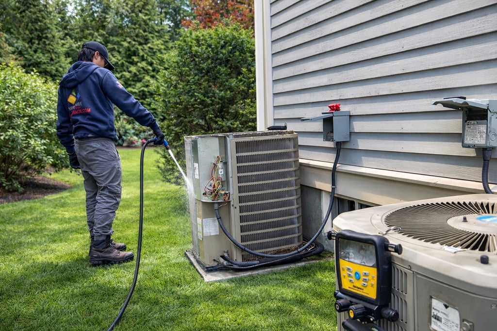 John A. is cleaning condenser coil during cooling maintenance.
